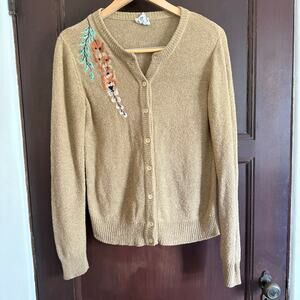 Vintage Tan Floral Embroidered Cardigan Sweater \ 70s Vintage Approx Medium